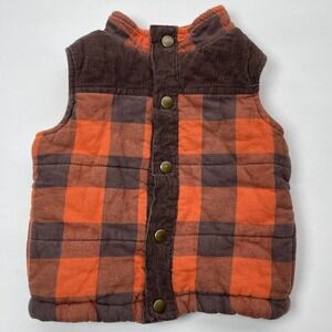 Gymboree Baby Boys Quilted Vest Orange Brown Buffalo Plaid Corduroy 6-12 Months